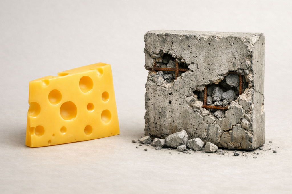 A slice of Swiss cheese beside deteriorating concrete slab with visible spalling holes